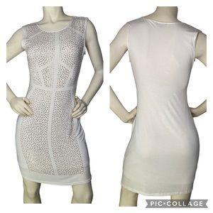 G BY GUESS Cream & Gold “Obladi” Studded Lined Sleeveless Knit Mini Dress, M